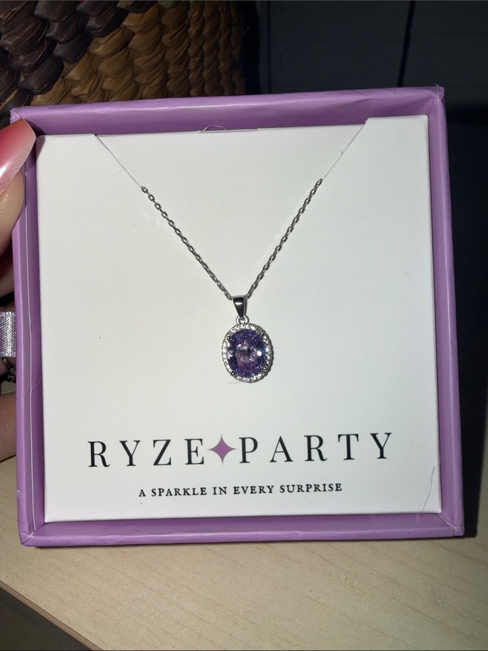 Ryze Party Silver Necklace with Purple Oval Crystal Pendant